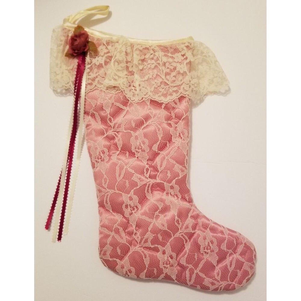 Victorian Lace Stocking Hanging Flower Ribbon Lace Overlay Quilted Cottage core